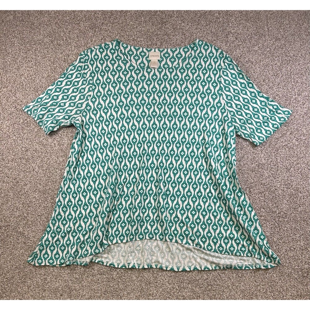 Chico's Aztec Pattern Green White‎ SIZE 3 US XLarge Hi Low T Shirt Blouse Tunic
